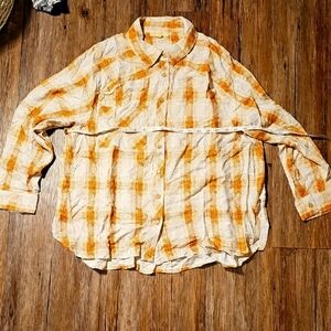 Womens Promesa Orange and White Rayon Plaid Button-Up Shirt Small